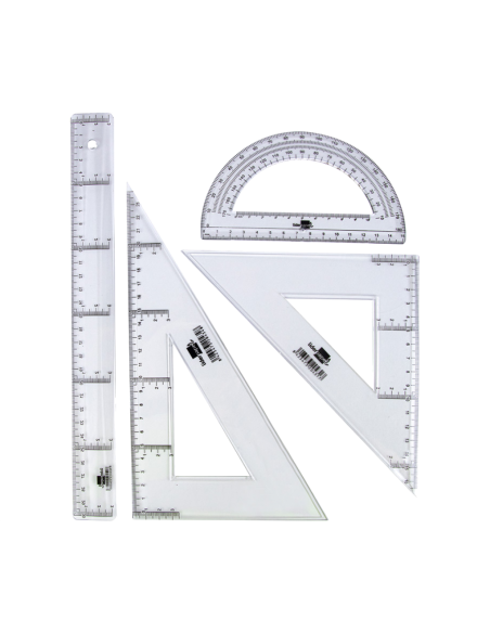 Joc d'escaire, cartabó, regle i transportador d'angles